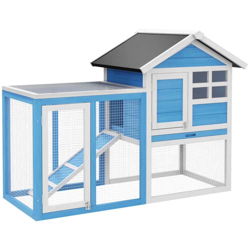 PawHut 48" Wooden Rabbit Hutch Bunny Cage with Waterproof Asphalt Roof, Fun Outdoor Run, Removable Tray and Ramp, Light Blue