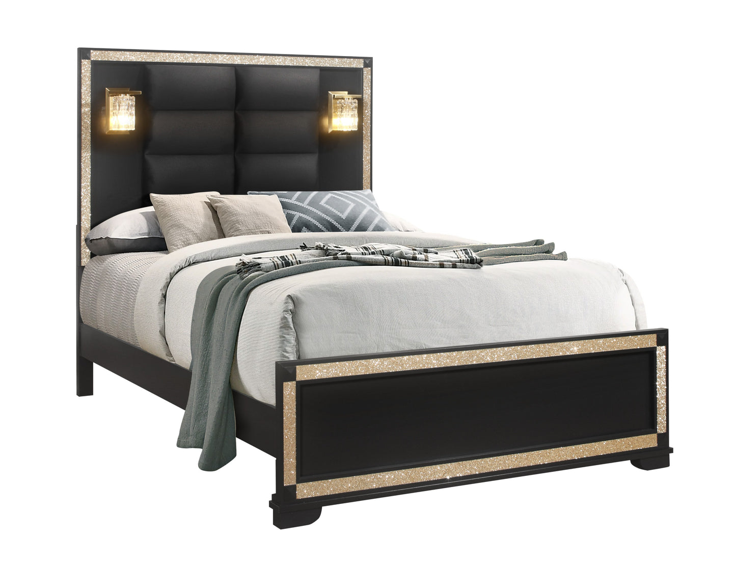 LIVELY BLACK/GOLD QUEEN BED WITH LAMPS