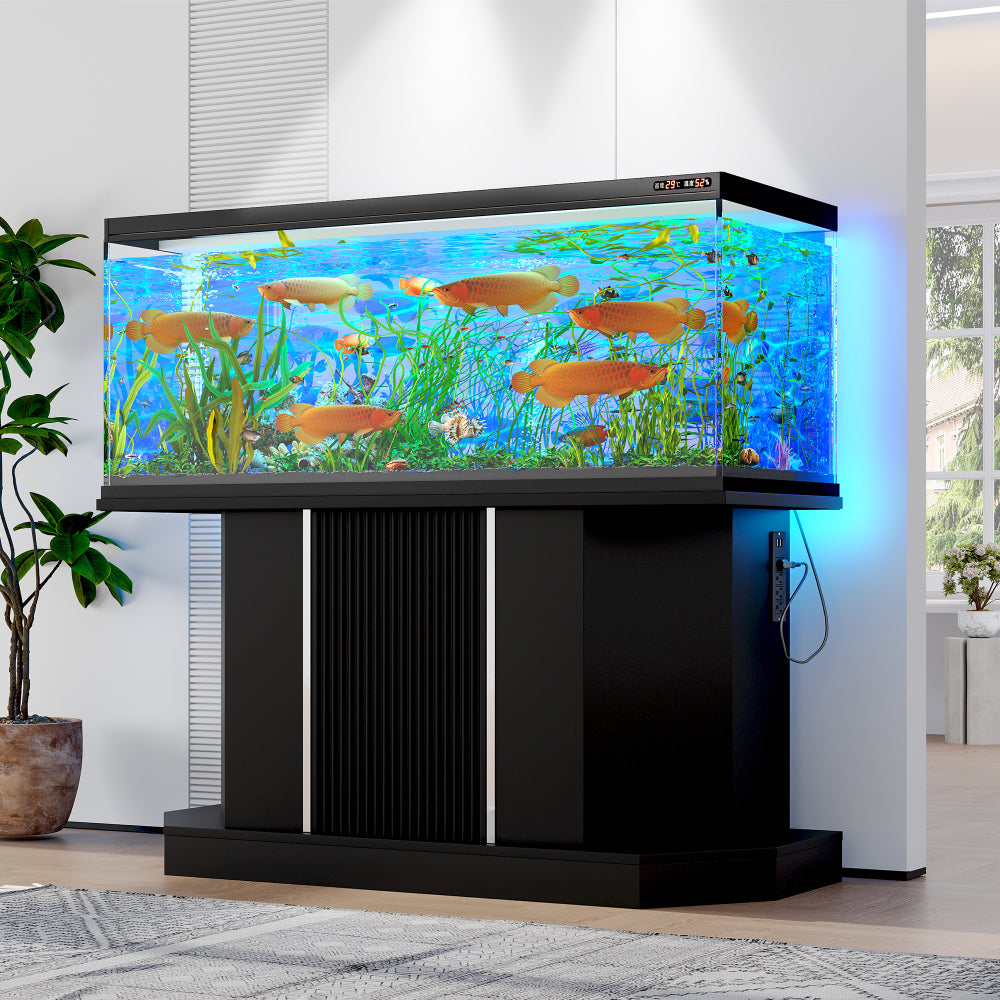 Modern 55-75 Gallon Fish Tank Stand with Power Outlet (4 AC 2 USB Ports), Heavy Duty Aquarium Stand with Cabinet Storage for Fish Tank, Turtle Tank, Reptile Terrarium, 880LBS Capacity, Black