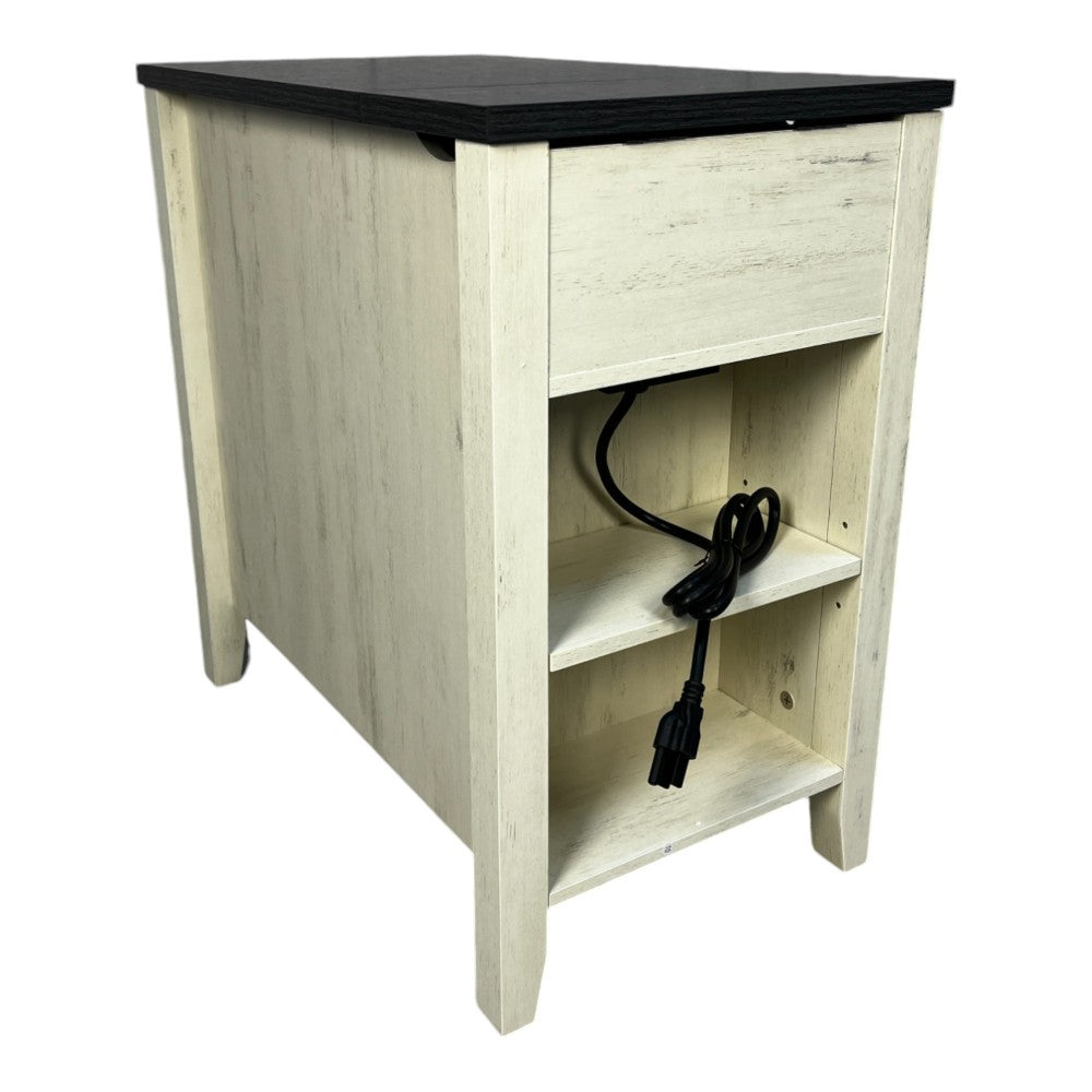 SunJet Farmhouse End Table Bedside Table with Charging Station,Night Stand with Barn Door and Drawer, Storage for Bedroom Living Room ,Bedside Table,  White+Black color