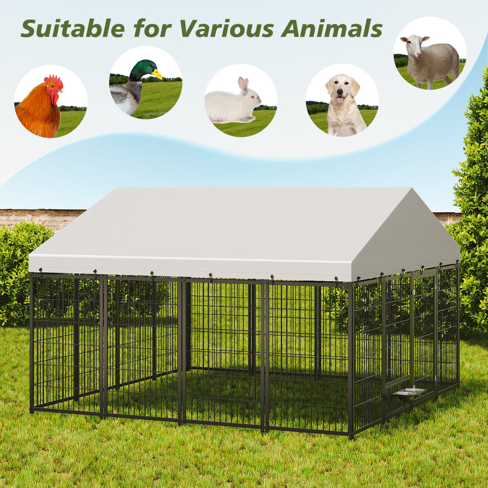 Large Dog Kennel Outdoor Pet Pens Dogs Run Enclosure Animal Hutch Metal Coop Fence with Roof Cover. 9.62'L x 9.35'W x 6.18'H.