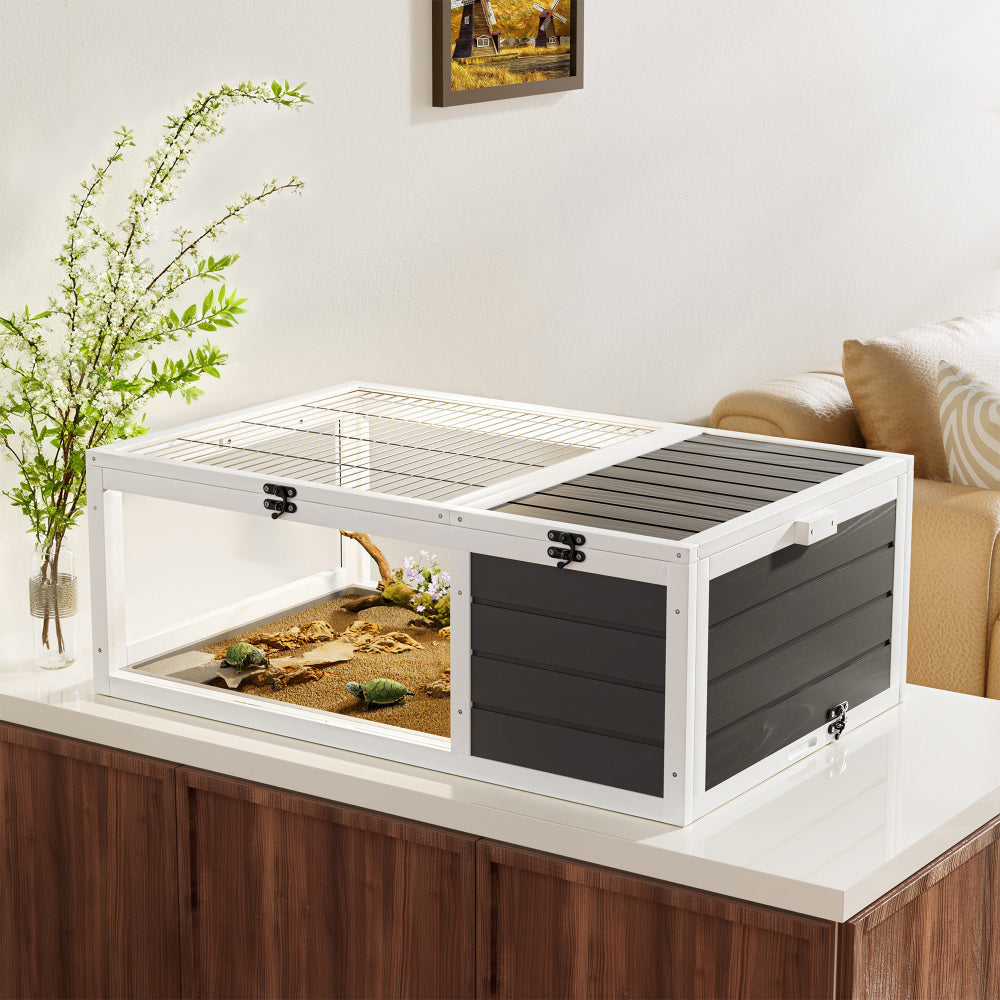 Reptile Habitat Tortoise House with Lamp Holder, 3 Acrylic Observation Windows, 2 Waterproof Trays, Lockable Top, Easy to Clean Wooden Enclosure for Turtles, Lizards, Snakes, and Small Pets