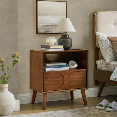 SunJet Mid Century Modern Fluted Nightstand with Charging Station USB Ports & Outlet Hole & 4 Solid Wood Legs, Farmhouse End Table with Open Space and Drawer Dresser, Walnut