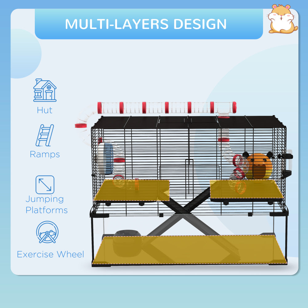 PawHut 31" Extra Large Hamster Cage with Tube Tunnel, Small Animal Cage for Dwarf Hamster, Rat, Gerbil Cage with Deep Glass Bottom, Water Bottle, Food Dish, Exercise Wheel, Ramps