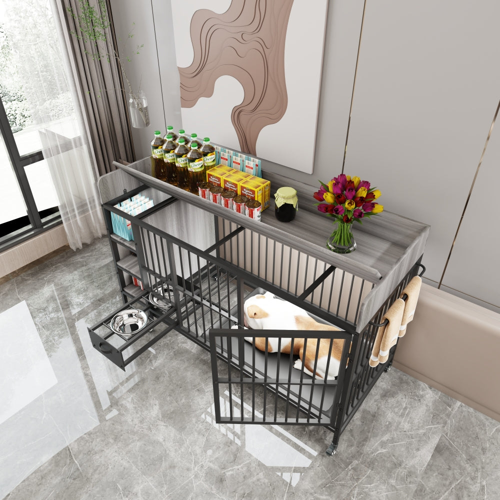 Large pet cage with storage rack, drawers with stainless steel food and water basin, made of iron frame and MDF material, sturdy, exquisite, and practical (black+smoke gray)