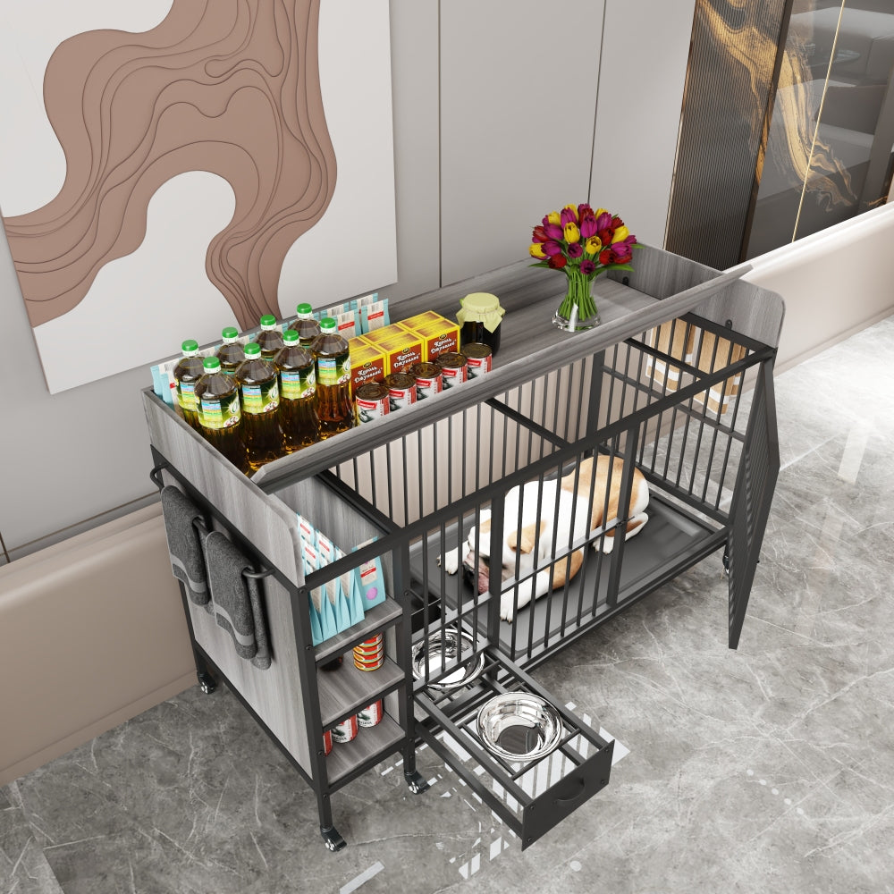 Large pet cage with storage rack, drawers with stainless steel food and water basin, made of iron frame and MDF material, sturdy, exquisite, and practical (black+smoke gray)