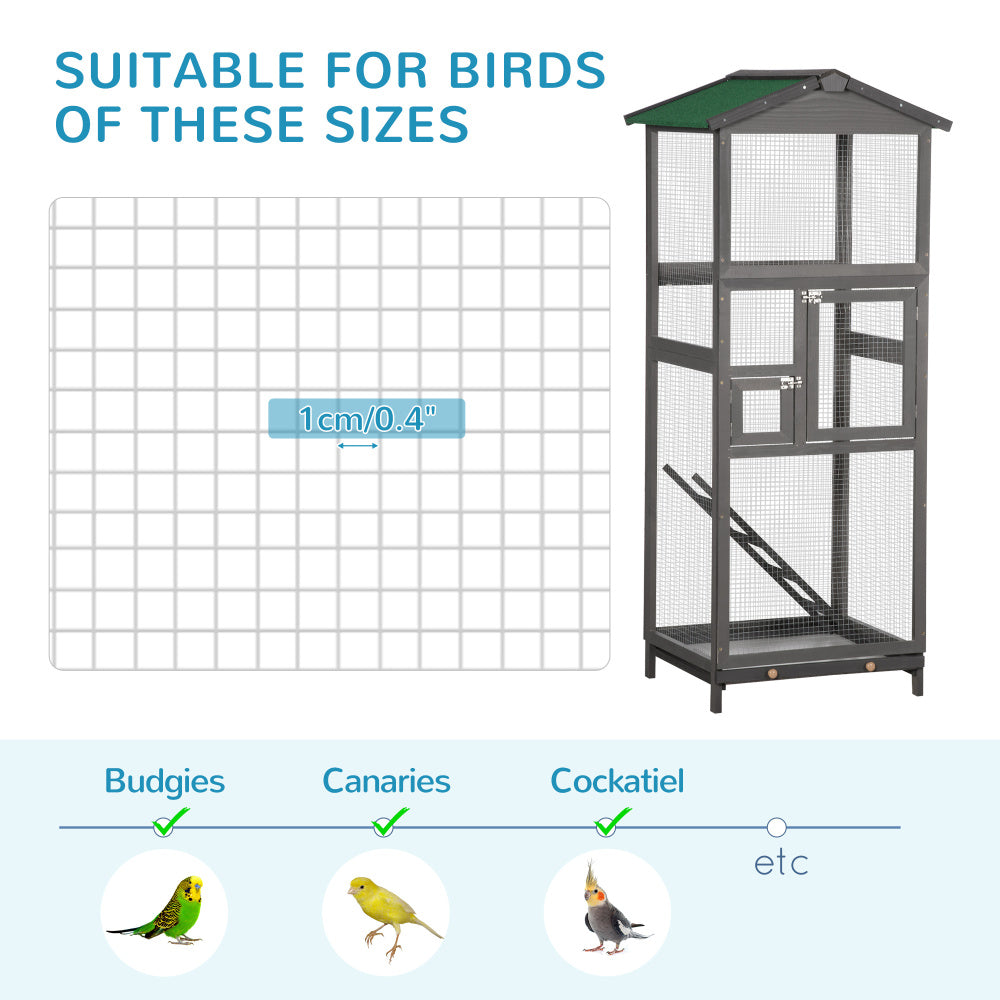 PawHut 65" Wooden Bird Cage Outdoor Aviary House for Parrot, Parakeet, with Pull Out Tray and 2 Doors, Grey