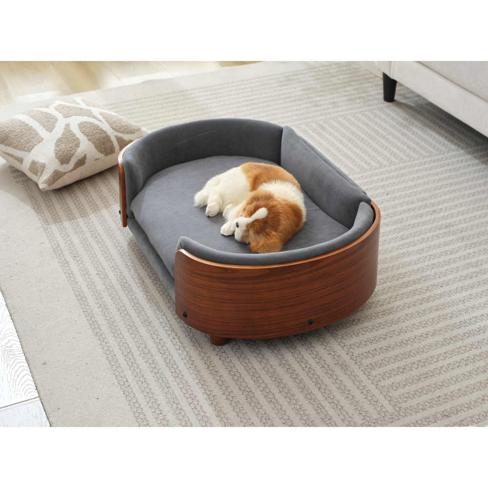Scandinavian style Elevated Dog Bed Pet Sofa With Solid Wood legs and Walnut Bent Wood Back, Dark Grey Velvet,Mid Size
