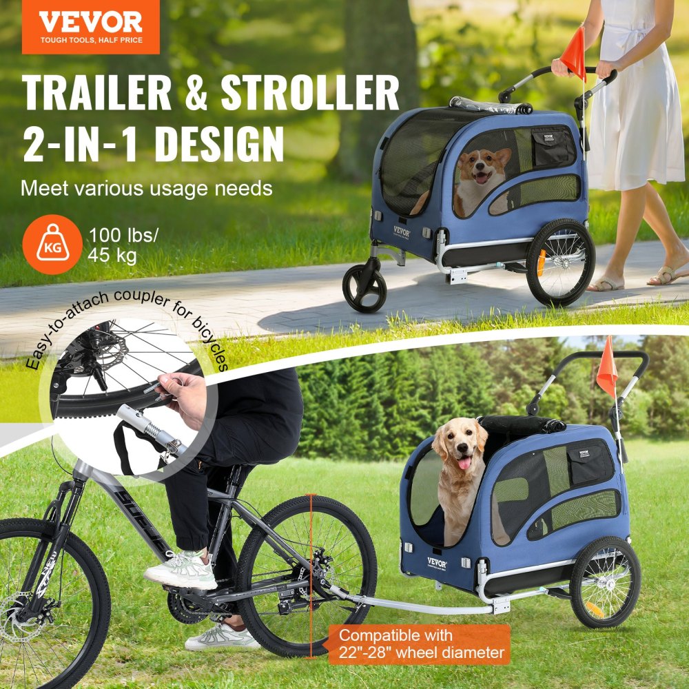 Dog Bike Trailer, Supports up to 100 lbs, 2-in-1 Pet Stroller Cart Bicycle Carrier, Easy Folding Cart Frame with Quick Release Wheels, Universal Bicycle Coupler, Reflectors, Flag, Blue/Black