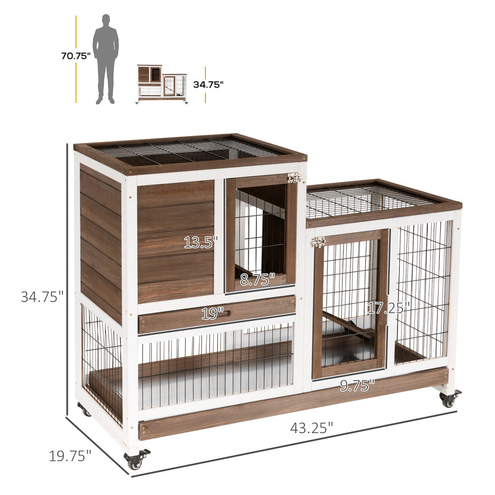 Wooden Rabbit Hutch Elevated Bunny Cage Indoor  with Enclosed Run with Wheels, Ramp, Removable Tray , Brown