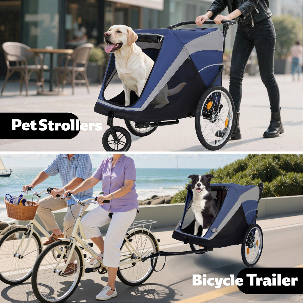 2-in-1 Bike Trailer & Push Cart for Pets - Detachable Bike Hitch & Push Handle Included - Quick Release Wheel, Internal Leash, Dual Cup Pockets and Underneath Storage Bag,  Holds Pets Up to 100 lbs