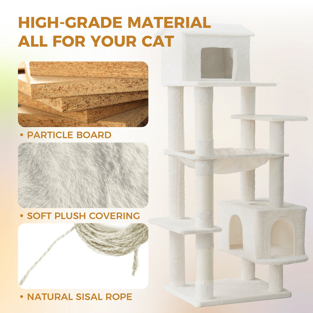 Beige Multi-Level Cat Tree with Unique Cat House, Hammock, Scratching Posts - Plush Cat Tower for Indoor Cats, Ideal for Multiple Cats 64in