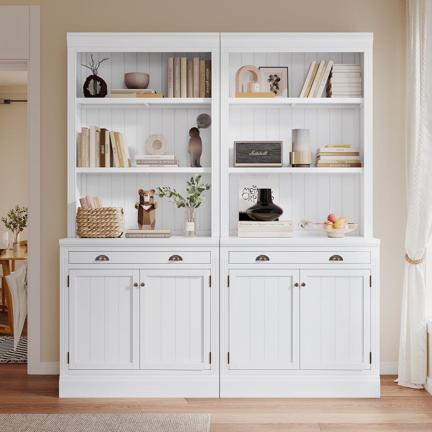 83.4'Tall Bookshelf Suite, Modern Bookcase Suite with LED Lighting,Doors and Drawers,2-Piece Set Storage Bookcase with Open Shelves for Living Room,Home Office,White