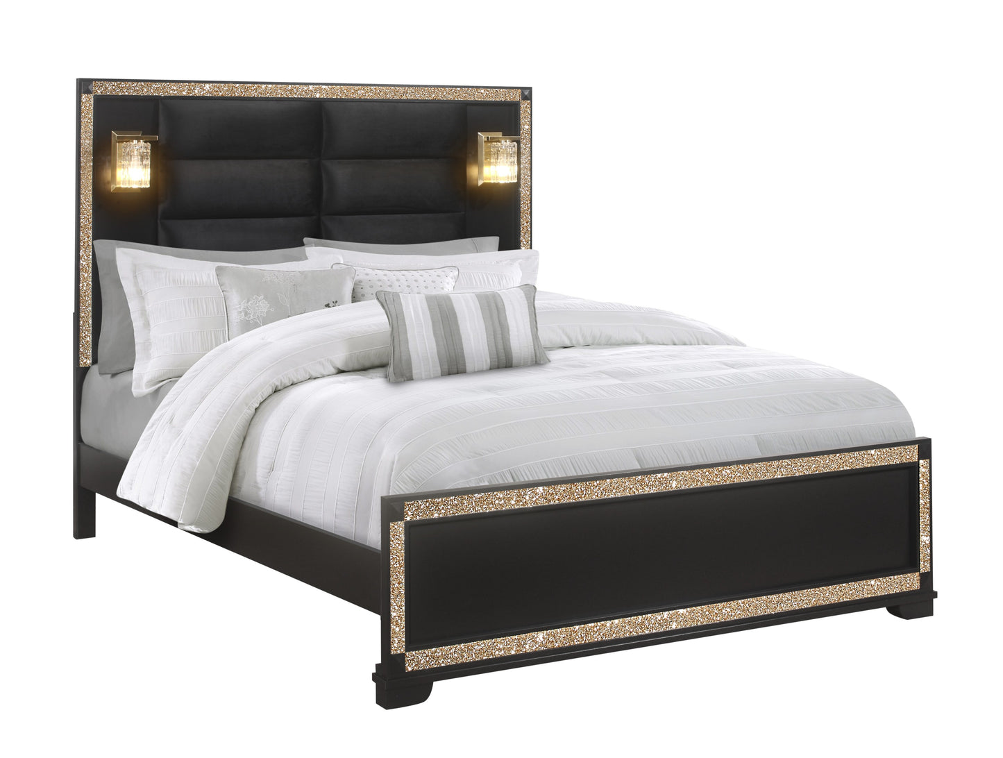 LIVELY BLACK/GOLD KING BED WITH LAMPS