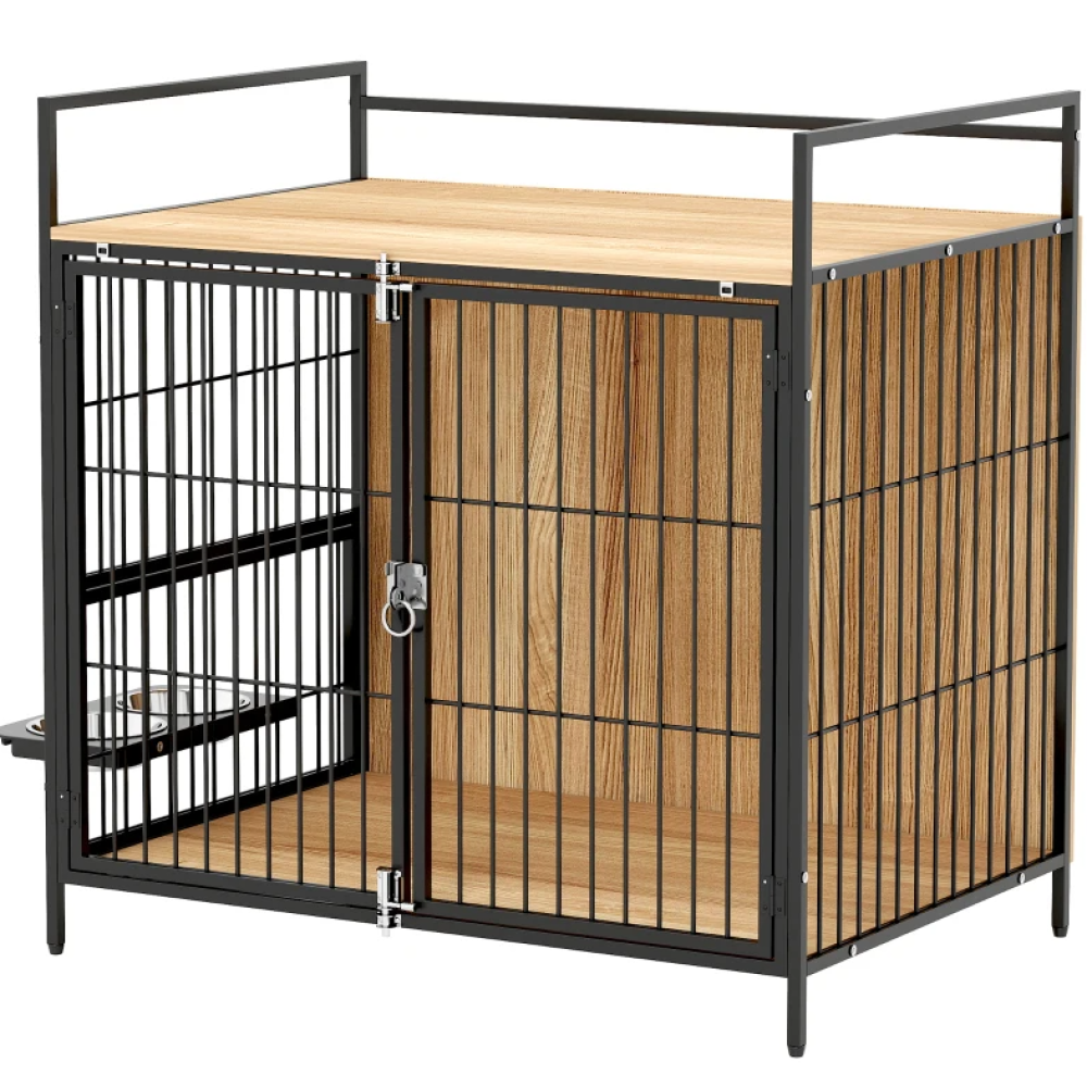 Indoor Pet Kennel Side Table with Rotatable Bowls, 2 Anti-Escape Doors,Oak