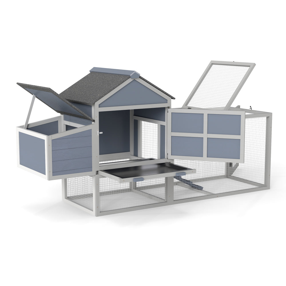 Outdoor Chicken Coop, Wooden Hen House with Nesting Box, Run, Resting Room, Ramp, Pull-Out Tray, Gray