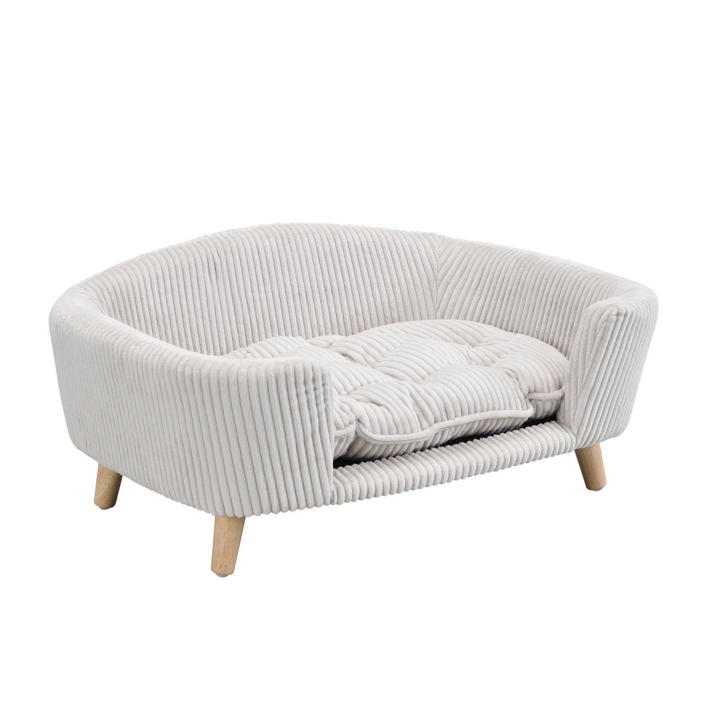 Elevated Dog Bed Frame for Small Dog, Corduroy Pet Couch Bed with Rubber Wood Legs and Supportive Foam, Beige, Easy Assembly