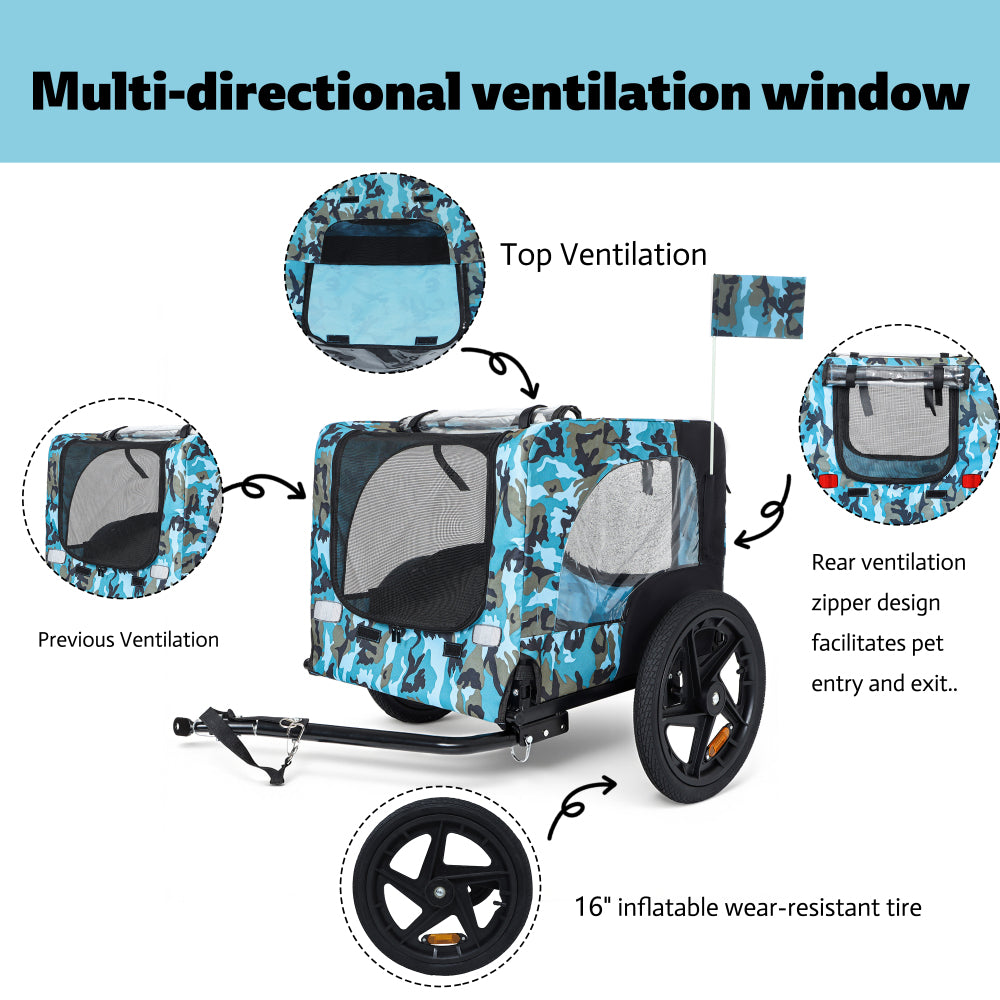 Outdoor Heavy Duty Collapsible Pet Bike Trailer with 16-Inch All-Terrain Wheels & Universal Hitch – Foldable Dog/Cargo Carrier Cart for Bicycles, blue+black