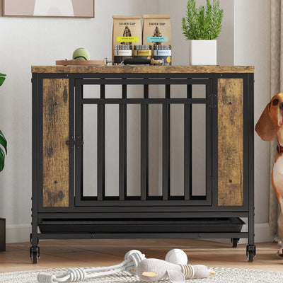 Dog House Furniture, Wooden Dog House Dining Table with Iron Door and Tray for Medium/Small Dogs Indoors, Vintage Wooden Color