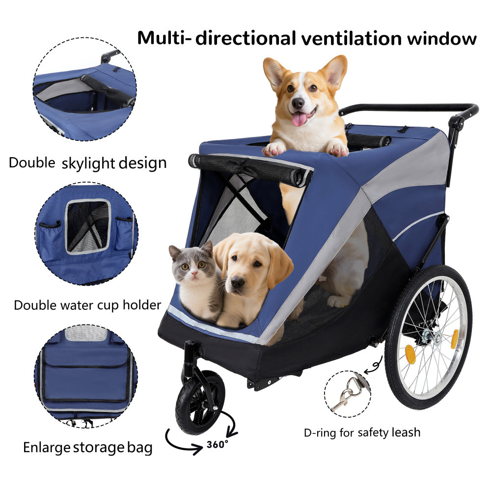 2-in-1 Bike Trailer & Push Cart for Pets - Detachable Bike Hitch & Push Handle Included - Quick Release Wheel, Internal Leash, Dual Cup Pockets and Underneath Storage Bag,  Holds Pets Up to 100 lbs
