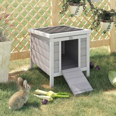 PawHut Small Wooden Rabbit Hutch, Bunny/Guinea Pig Cage, with Openable & Waterproof Roof, Gray