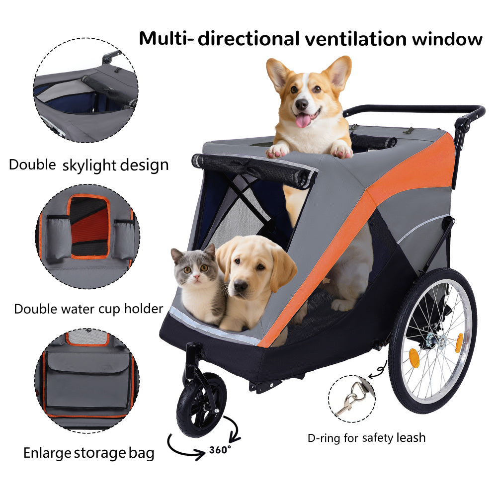 2-in-1 Bike Trailer & Push Cart for Pets - Detachable Bike Hitch & Push Handle Included - Quick Release Wheel, Internal Leash, Dual Cup Pockets and Underneath Storage Bag,  Holds Pets Up to 100 lbs