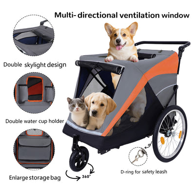 2-in-1 Bike Trailer & Push Cart for Pets - Detachable Bike Hitch & Push Handle Included - Quick Release Wheel, Internal Leash, Dual Cup Pockets and Underneath Storage Bag,  Holds Pets Up to 100 lbs