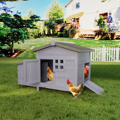 Outdoor Free-Range Wooden Chicken Coop with Asphalt Roof, Leak-Proof Pull-Out Tray, Secure Predator Defense, Nesting Box with Easy Access, Multiple Front & Side Doors