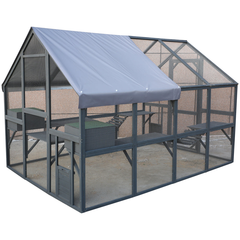 Cat Run Large Cat Enclosure Wooden Cat Catio Outdoor Kitty House with Bridges, Walks, Small Houses, Roof Cover 110 Inch