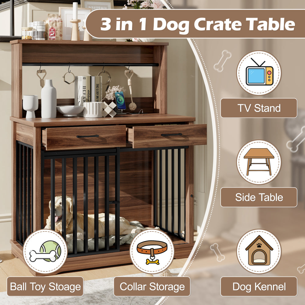38" Dog Crate Furniture, Heavy Duty Dog Cage Table with 2 Storage Drawers and Shelves, Side End Table with Sliding Door for Dogs Indoor, Brown