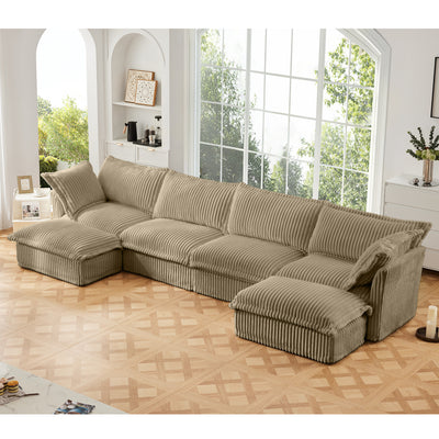 Slipcovered U Shape Sectional Wide and Deep Seat Sofa Couch, 4 Seater Sofa with French Edges Design Multiple Big Pillows, Soft Deep Seat Comfy Cloud Couch for Living Room, Apartment, Camel Corduroy
