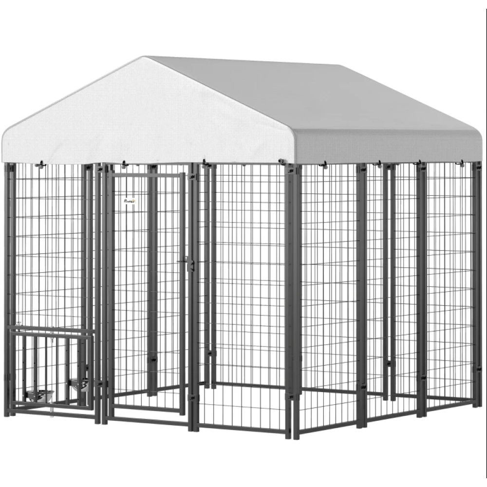 Outdoor Dog Kennel with Roof, Rotating with 4-Level Adjustable Bowls,Silver, Black
