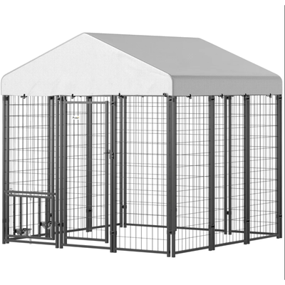 Outdoor Dog Kennel with Roof, Rotating with 4-Level Adjustable Bowls,Silver, Black