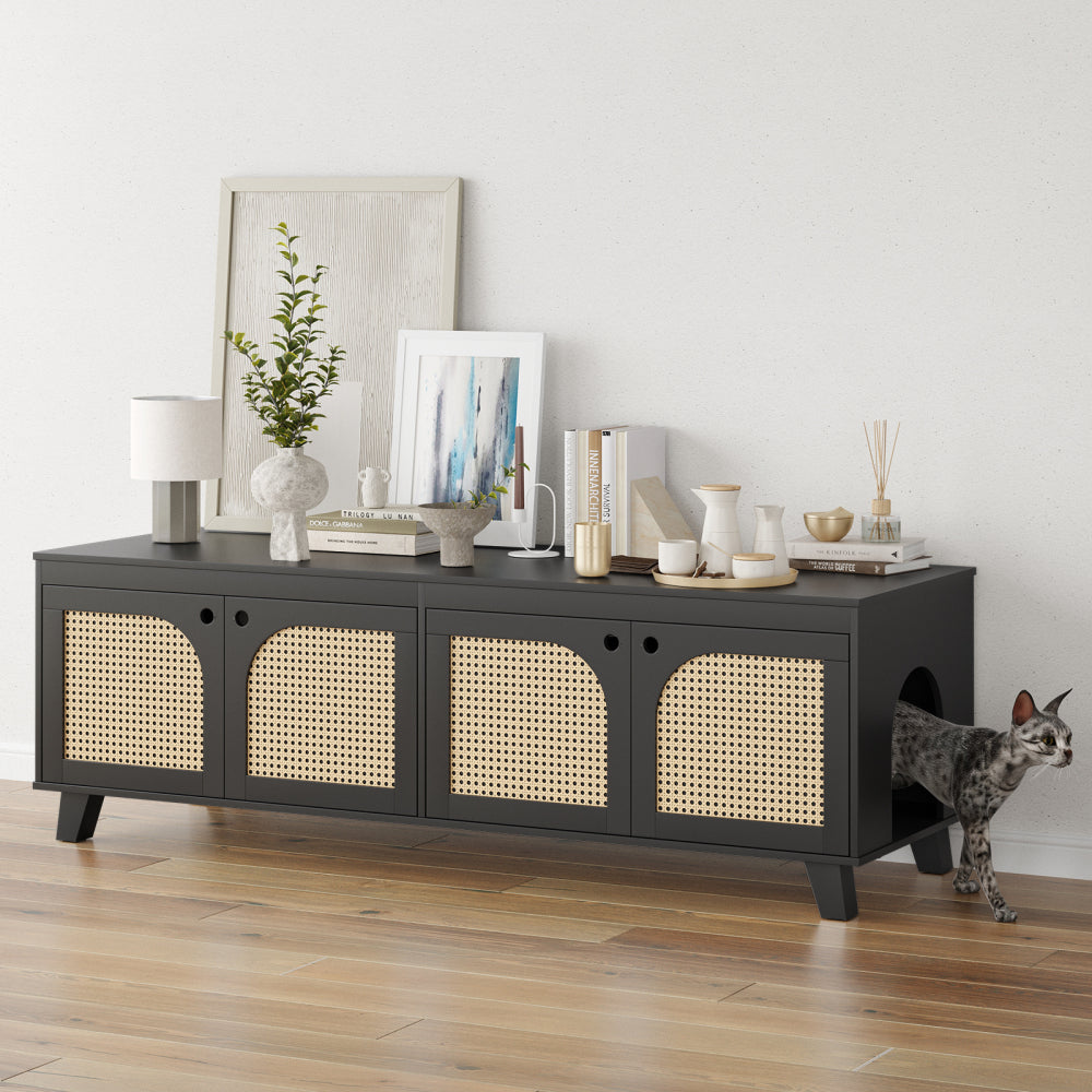 Double Hidden Cat Litter Box Enclosure Furniture Cabinet with Rattan Decorated Doors for Two Cats, Two Entrances