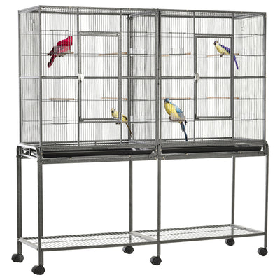 PawHut 65" Double Rolling Metal Bird Cage Feeder with Detachable Rolling Stand, Storage Shelf, Wood Perch & Food Container