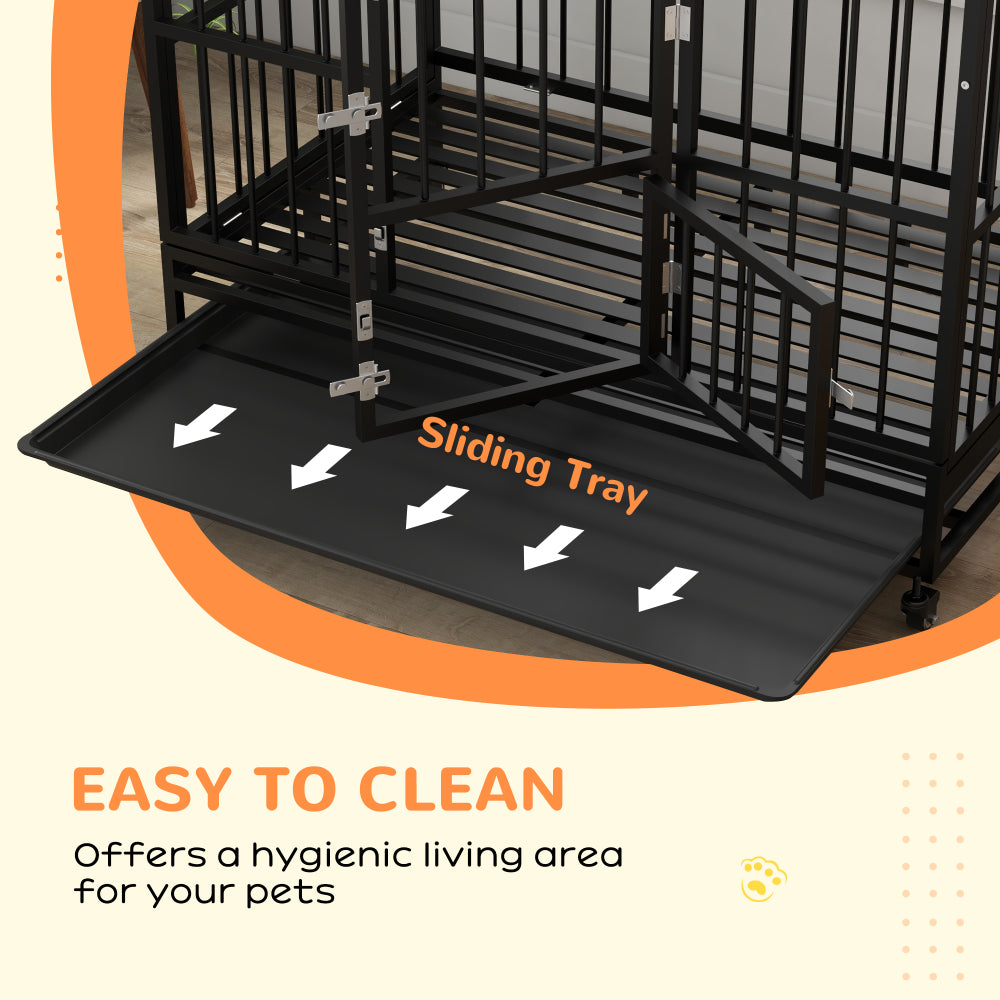 Heavy Duty Dog Crate with 4 Lockable Wheels, Double Doors, and Removable Tray,  Black