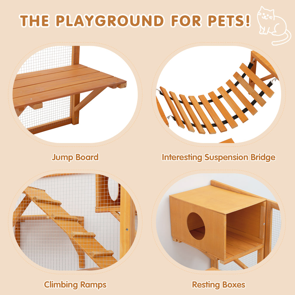 Weatherproof  Catio Outdoor Cat Enclosure, Outdoor Cat house, Natural Wood Playground, Natural Cat Shelf with Litter Box