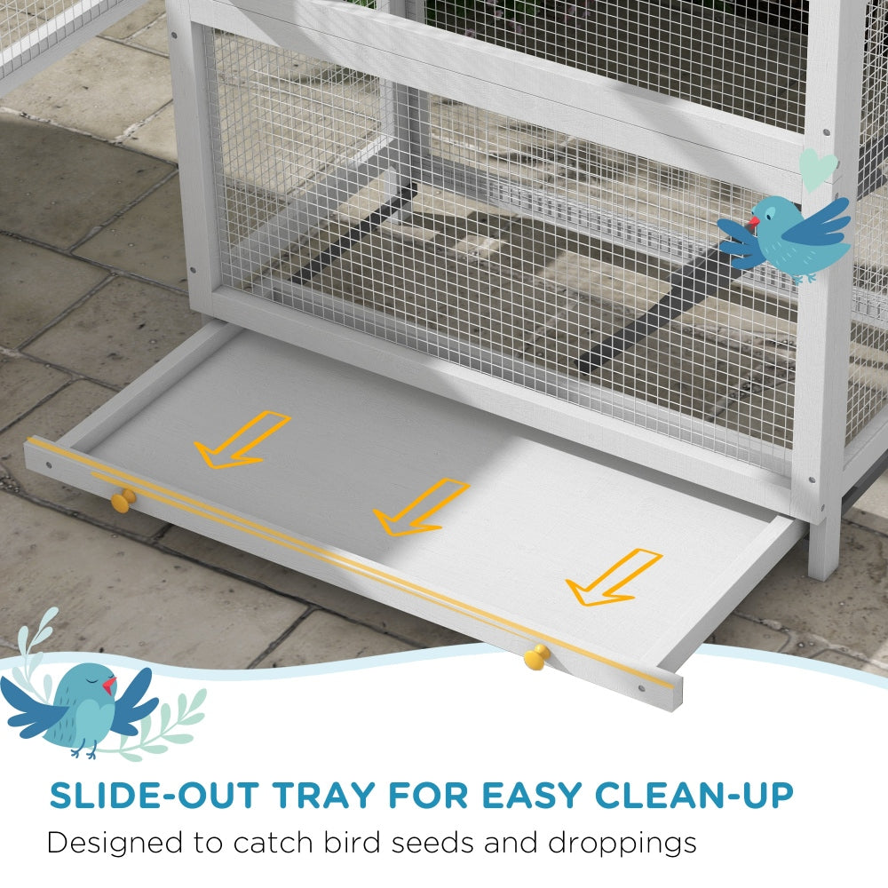 PawHut Wooden Bird Aviary, 67" Outdoor Bird Cage with Slide-Out Tray, Three Doors, Birdhouse, Ladder, Perches for Finches, Parakeets, Gray