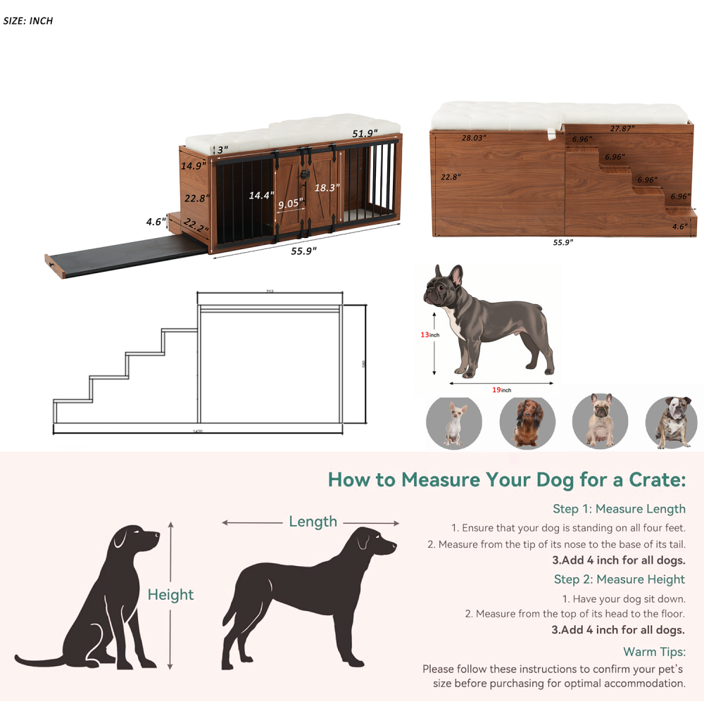 56"L, Furniture Style 2 in 1 Dog Crate with Padded Seat, Sliding Barn Door, Luxury Wooden Dog Kennel, End of Bed Bench Ottoman with Removable Cushion for Bedroom, Living Room, Walnut