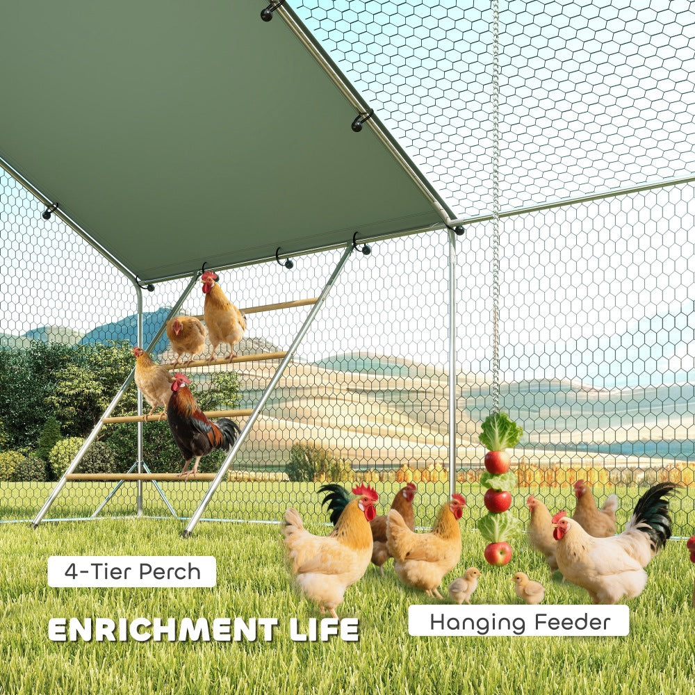 Metal Chicken Run w/ Waterproof & Anti-UV Cover, Feeding Door, Hanging Feeder