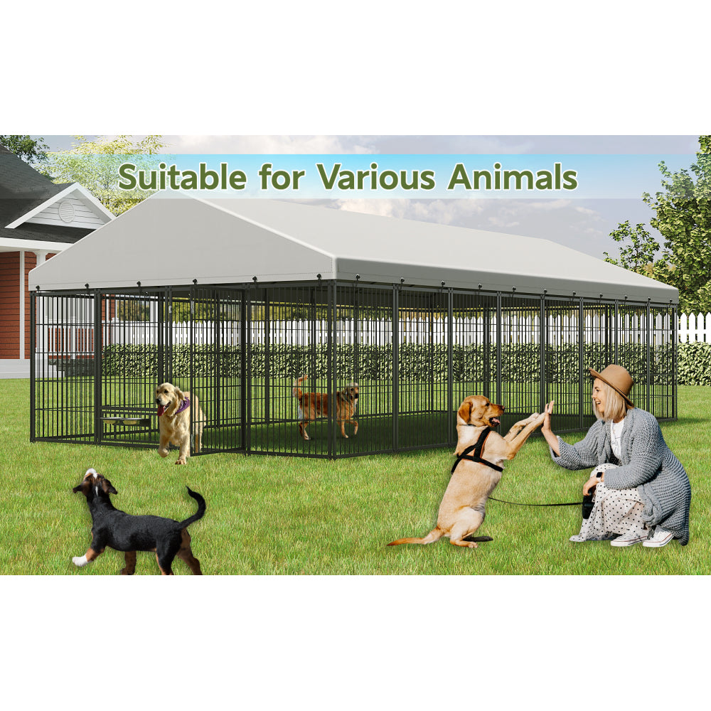 Large Dog Kennel Outdoor Pet Pens Dogs Run Enclosure Animal Hutch Metal Coop Fence with Roof Cover. 18.9'L x 9.61'W x 6.23'H.