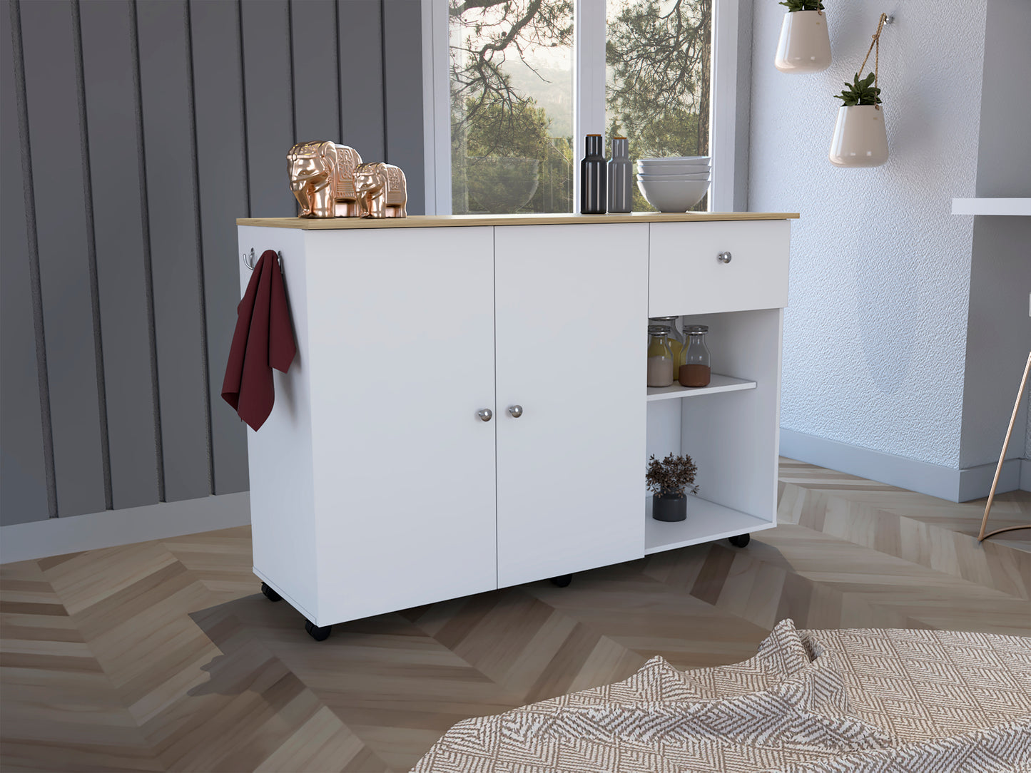 Kitchen Island Cart, Six Carter, One Drawer, Double Door Cabinet, Two External Shelves, Four Interior Shelves, White / Pine