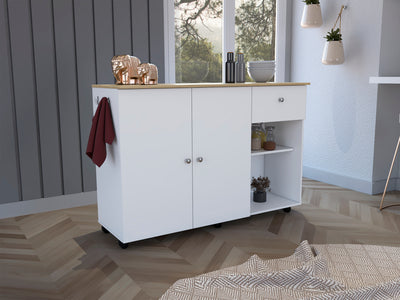 Kitchen Island Cart, Six Carter, One Drawer, Double Door Cabinet, Two External Shelves, Four Interior Shelves, White / Pine