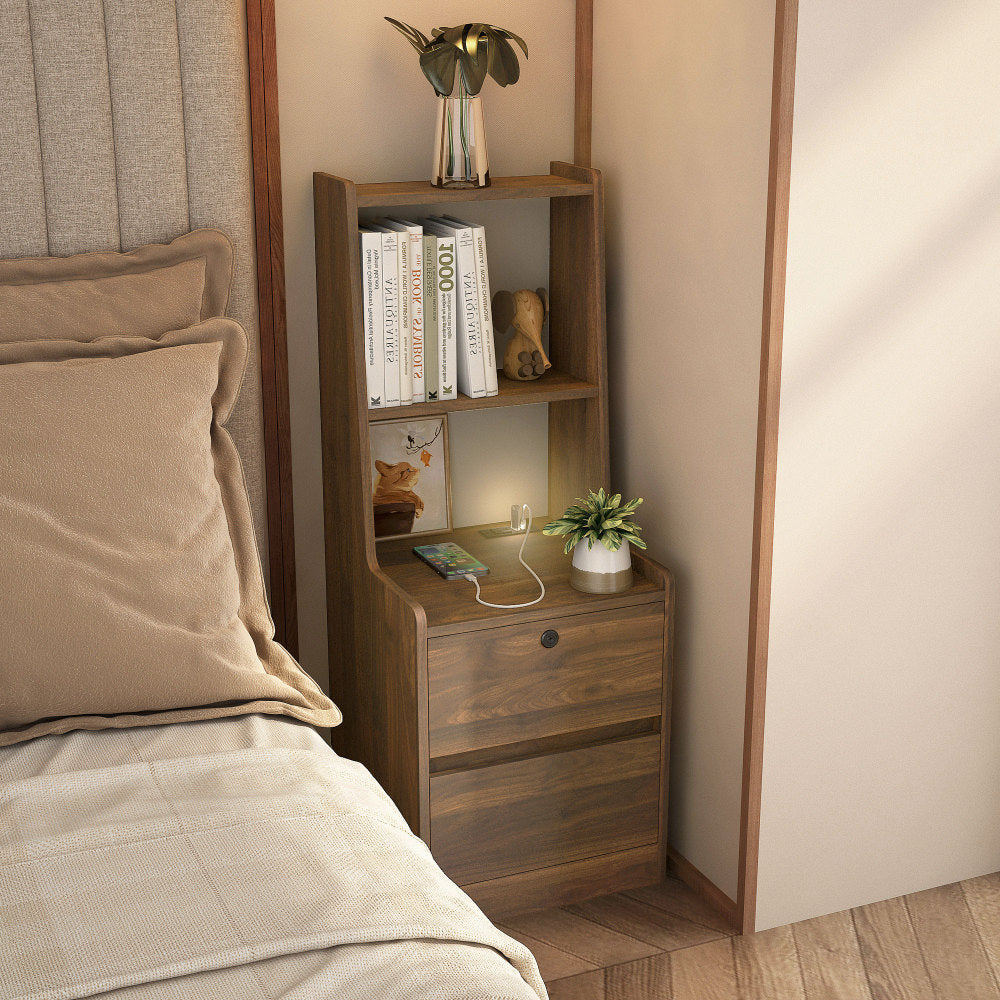 SunJet Nightstand with Charging Station, Smart Nightstand with Night Light, Modern Night Stand with Bookshelf, Bedside Tables with Storage Cabinet for Bedroom, Wood