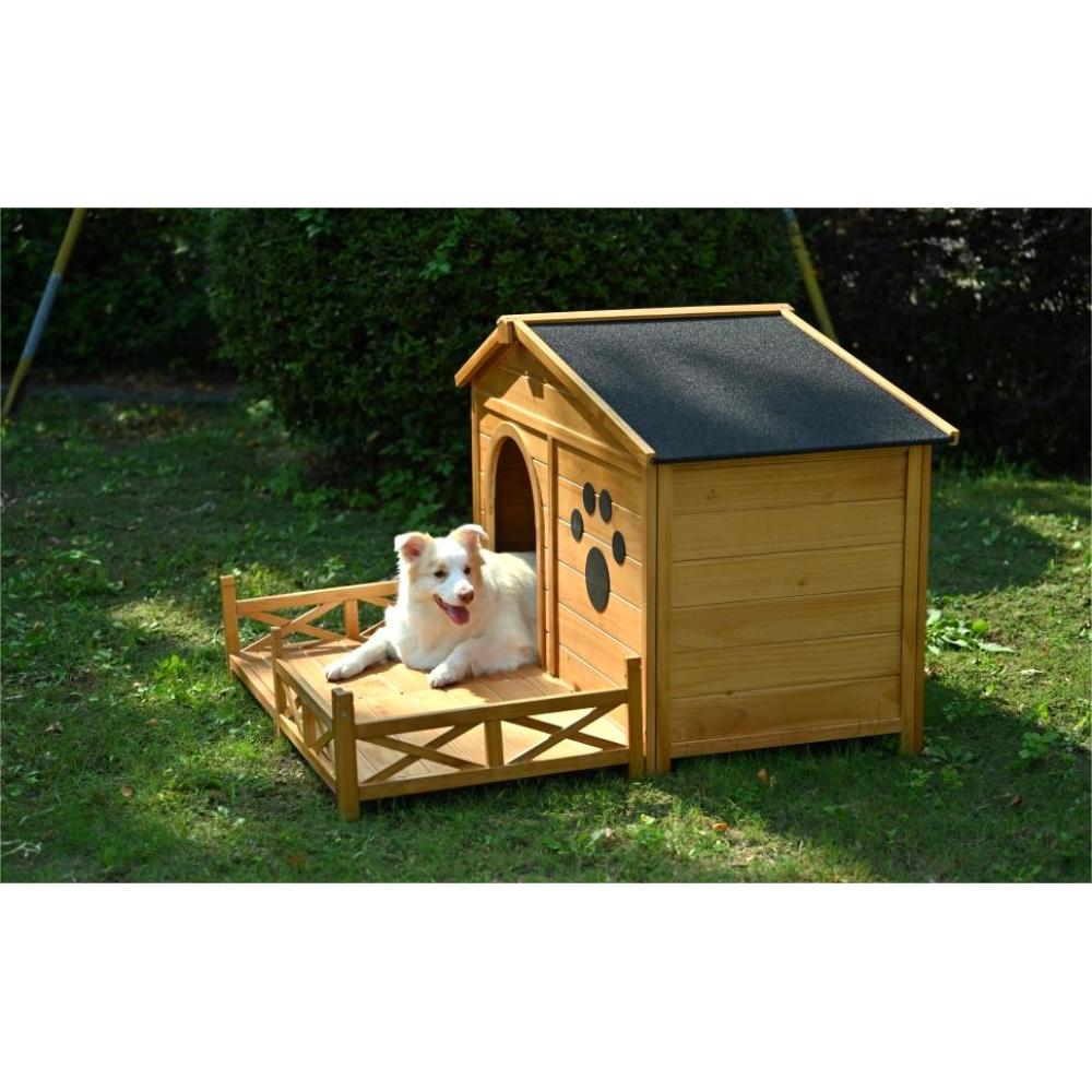 48" Wooden Dog House Outdoor with Porch, Dog Kennel with Water-Resistant Asphalt Roof and Fencing,Indoor & Outdoor Dog Crate with Paw Print, Medium, Nature