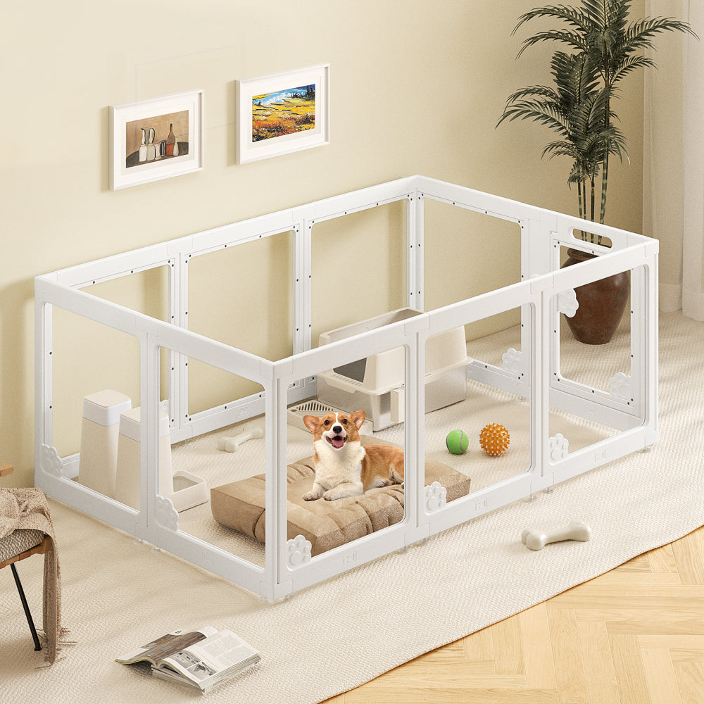 Expandable 10PCS Dog Playpen for Indoors, Modular Puppy Play Pen with Lockable Door, Chew-Proof Transparent Panels & Waterproof Base. Perfect for Small Animals, Puppy Training or Multi-Pet Homes