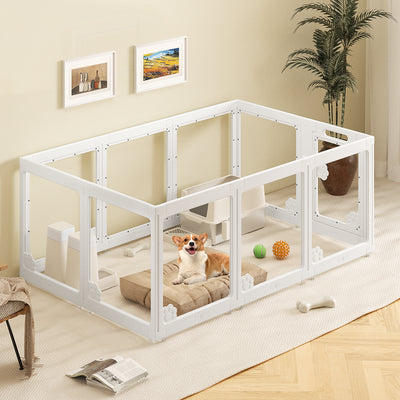 Expandable 10PCS Dog Playpen for Indoors, Modular Puppy Play Pen with Lockable Door, Chew-Proof Transparent Panels & Waterproof Base. Perfect for Small Animals, Puppy Training or Multi-Pet Homes