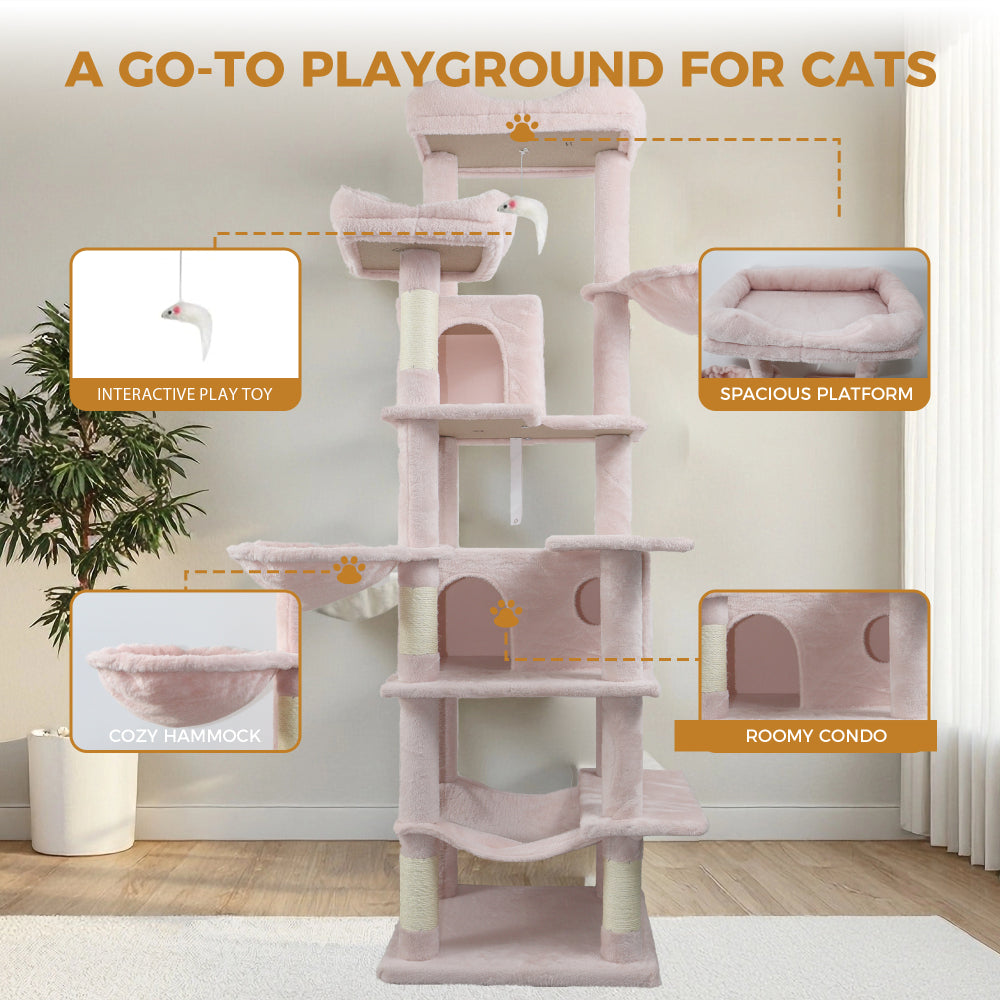 68in Tall Multi-Level Green Cat Tree with Hammocks, Hanging Basket, Cat Cave, Removeable Cushion, Scratching Posts - Plush Cat Tower for Indoor Cats, Perfect for Multiple Cats Pink