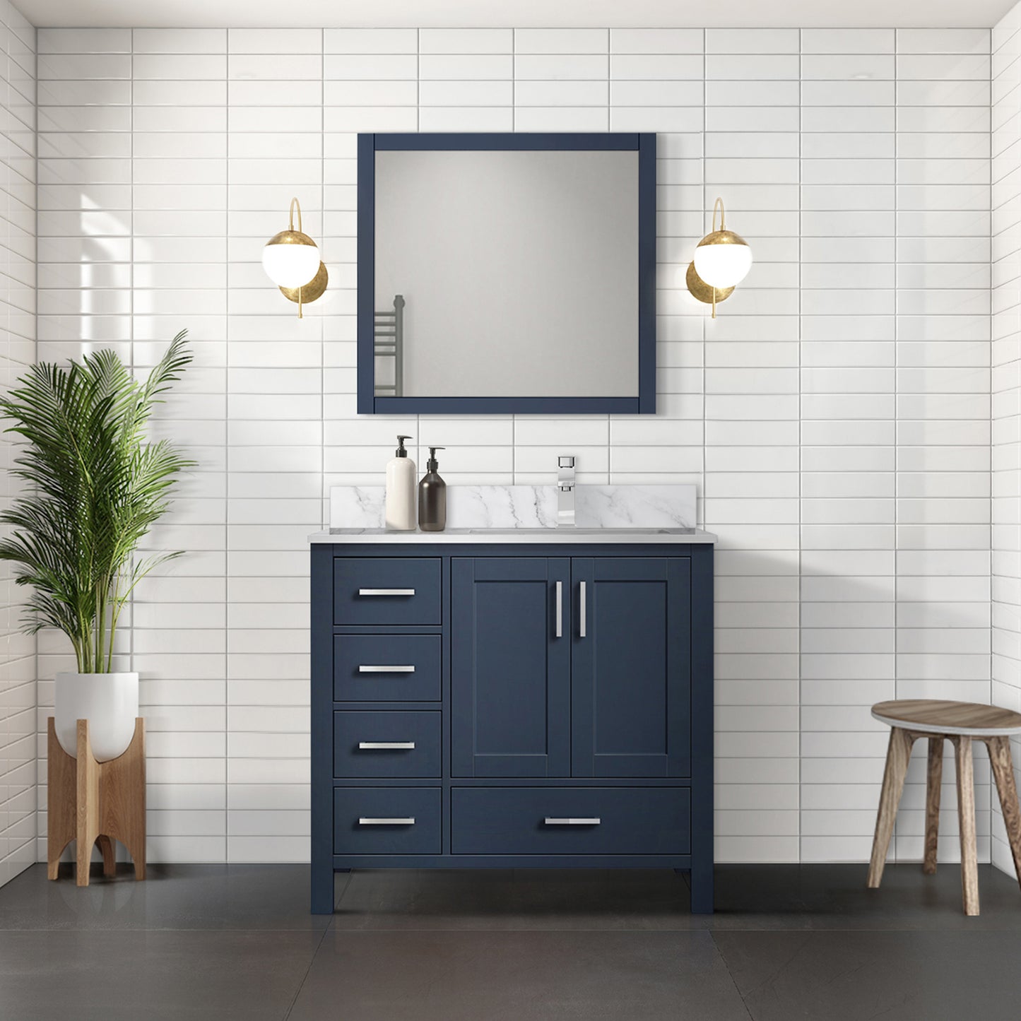 Navy Blue Bath Vanity 36 in. W x 22 in. D, Right Offset and 34 in. Mirrors