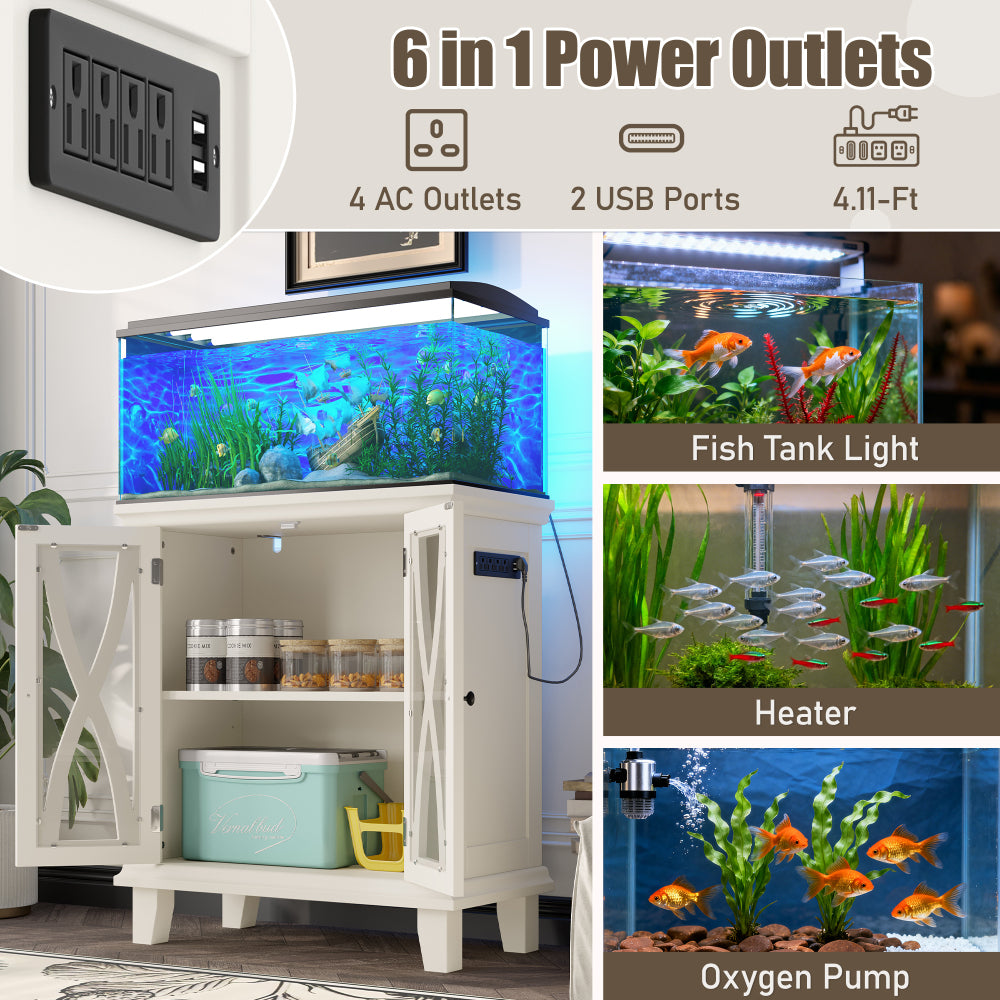 20 Gallon Fish Tank Stand with Power Outlets(4 AC 2 USB), Farmhouse Decorative Aquarium Stand Furniture with Adjustable Shelves, 10-20 Gallon Reptile Turtle Tank Stand with Cabinet Storage, Beige